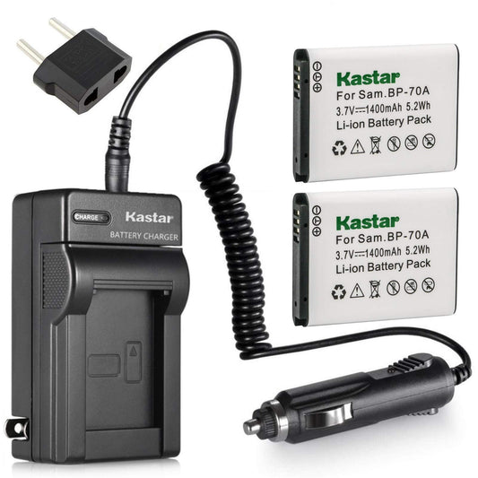 Kastar Battery 2x & Travel Charger for Samsung BP-70A BP70A ST95 ST100 ST150F ST700 ST6500 SL50 SL600 SL605 SL630 WB30F WB35F WB50F ES70 ES80 MV800