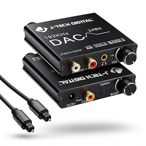 Digital to Analog Audio Converter with Headphone Amplifier & Bass Control by J-Tech Digital | 192kHz 24bit Optical Coaxial RCA 3.5mm