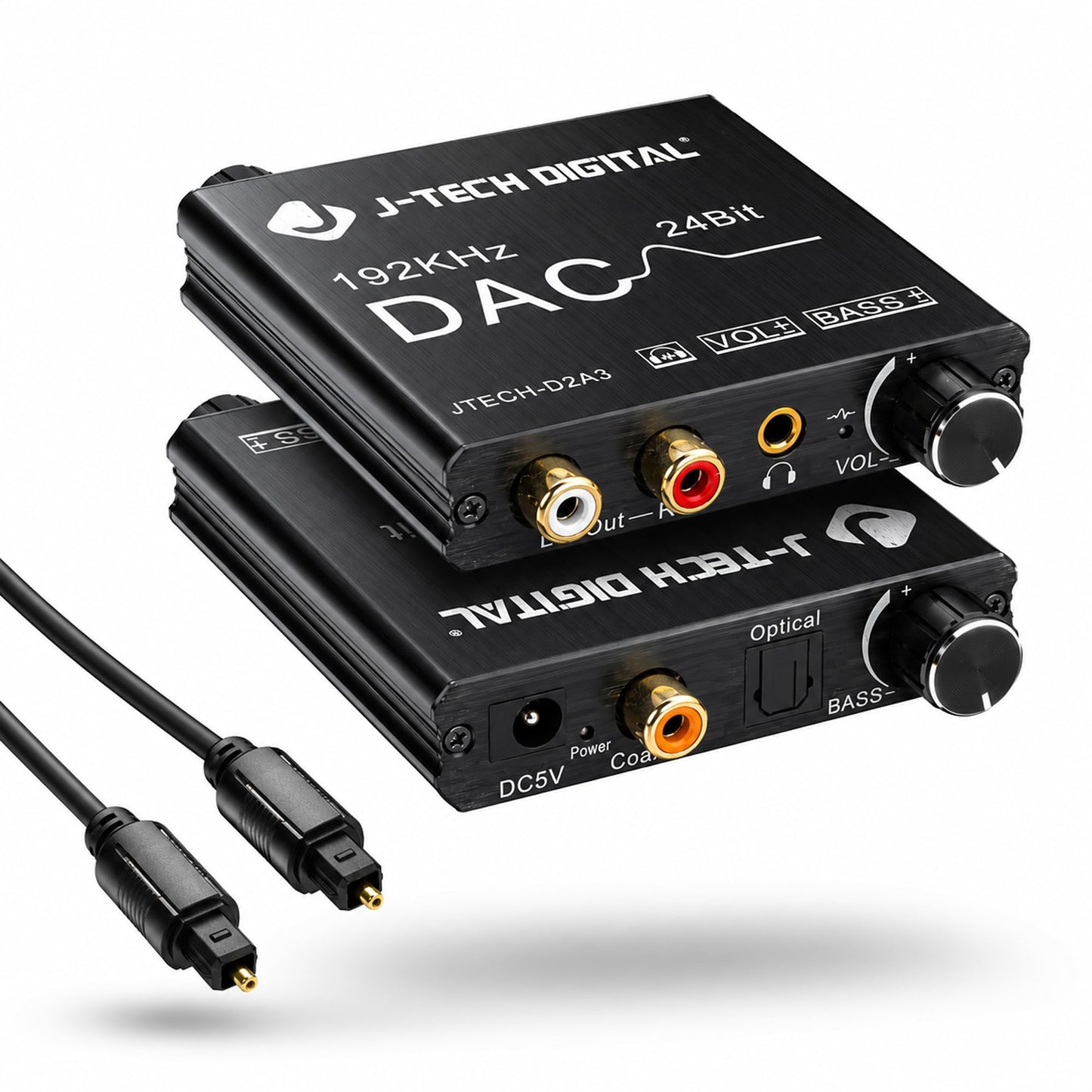 Digital to Analog Audio Converter with Headphone Amplifier & Bass Control by J-Tech Digital | 192kHz 24bit Optical Coaxial RCA 3.5mm
