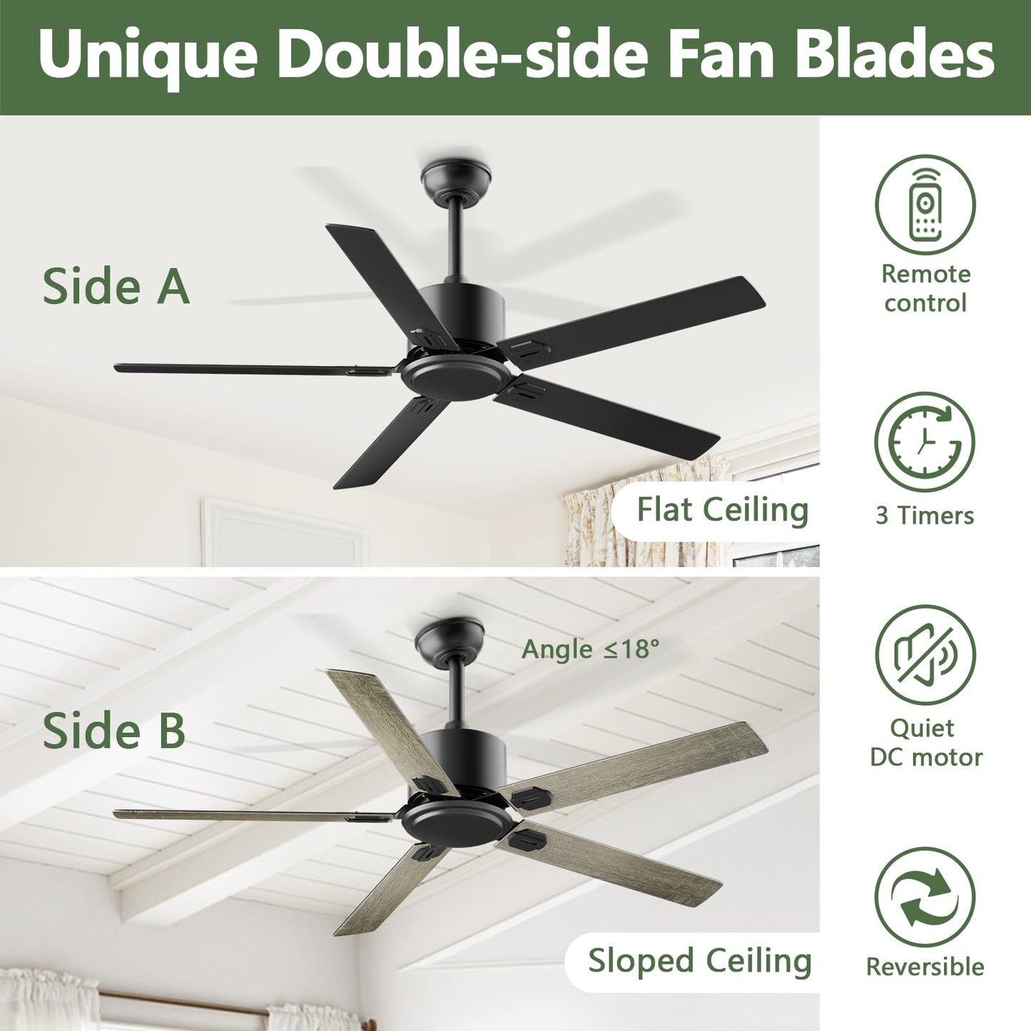 Obabala Outdoor Ceiling Fan No Light, 60 Inch Black Modern Ceiling Fan Without Light, Dual Finish 5 Blades,6 Speed, Reversible Quiet DC Motor