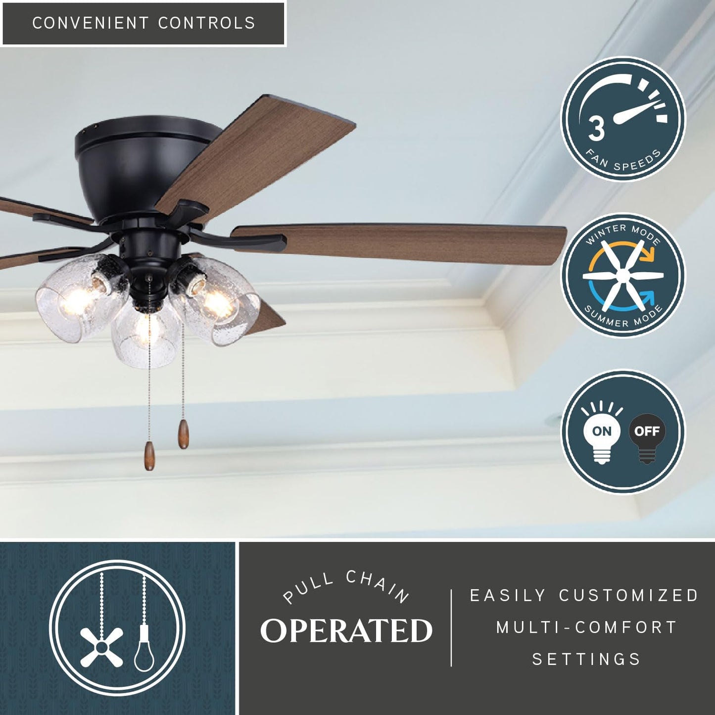 VAXCEL Brayton 52 in. Black Indoor Low Profile Flush Mount Transitional Ceiling Fan with Reversible Black-Dark Oak Blades, LED 3-Light Kit and Pull