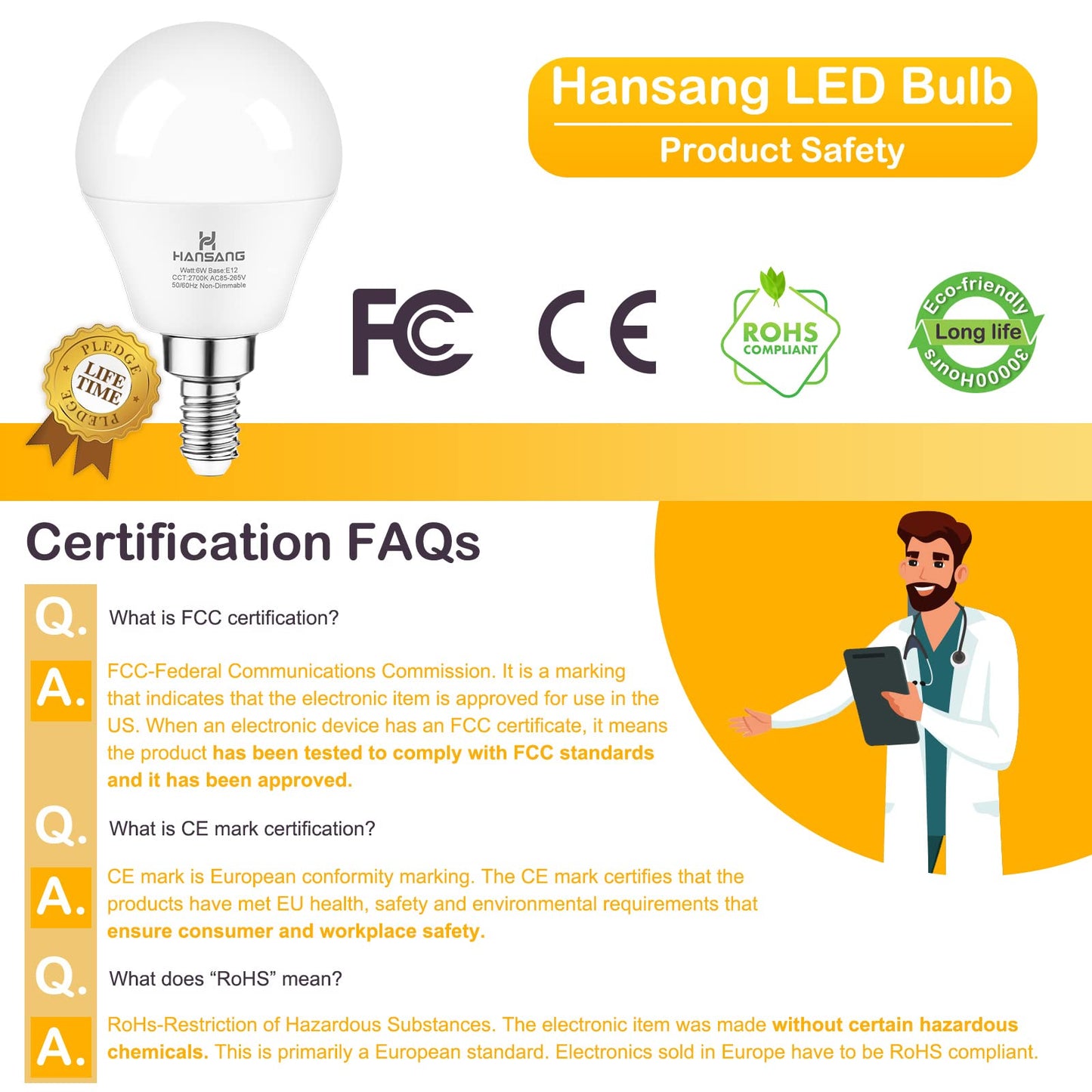 hansang E12 LED Bulb 60W Equivalent Candelabra Light Bulbs 2700K Warm White