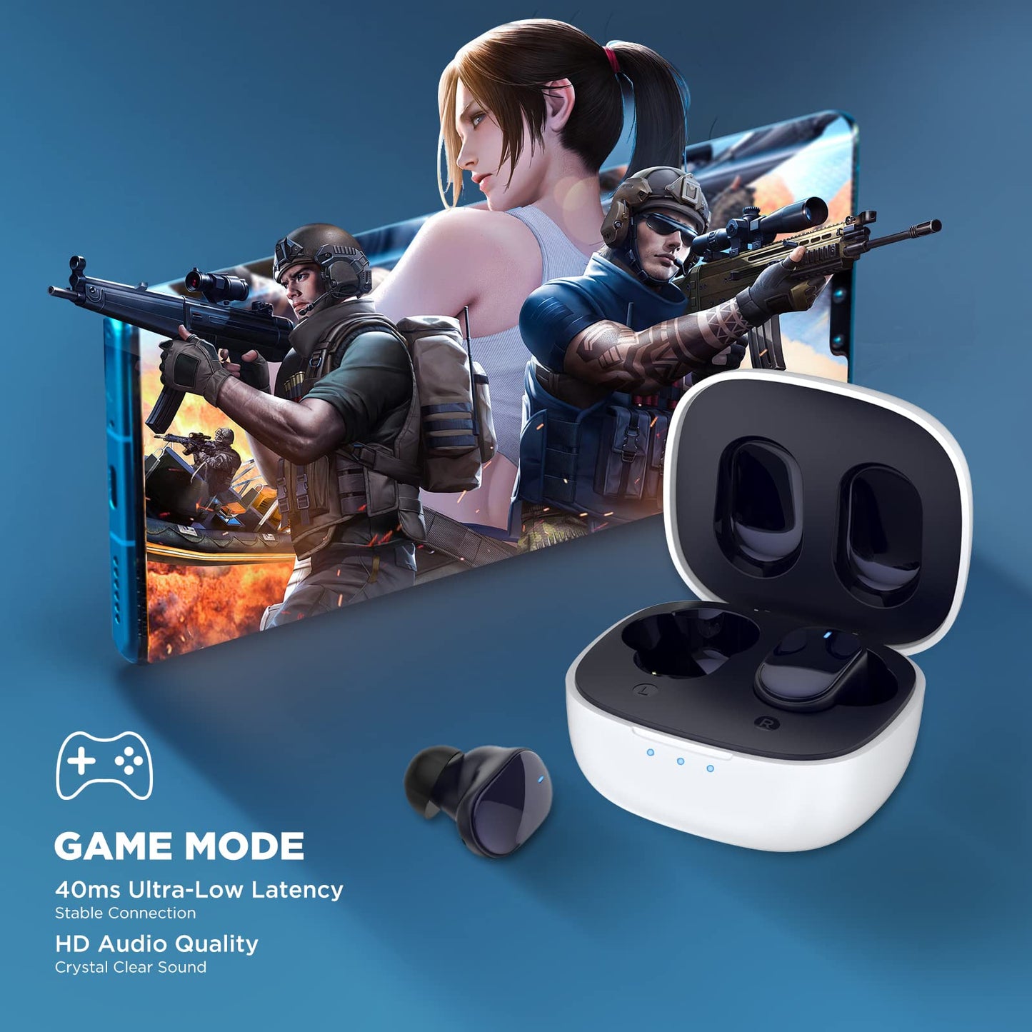HTC True Wireless Earbuds 7 Bluetooth 5.3, in-Ear Headphones Noise Cancelling 10mm Driver with Deep Bass for Gaming, Working -40ms Ultra Low