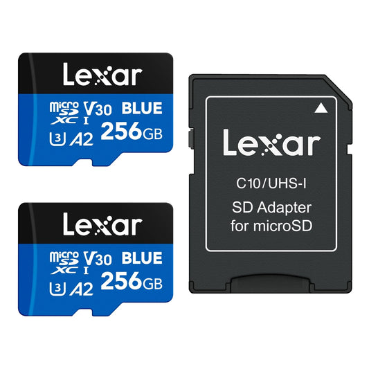 Lexar 256GB 2 Pack Blue Micro SD Card Up to 160MB/s, microSDXC UHS-I Memory Card with SD Adapter, C10, U3, A2, V30, Full HD, 4K UHD, High Speed TF