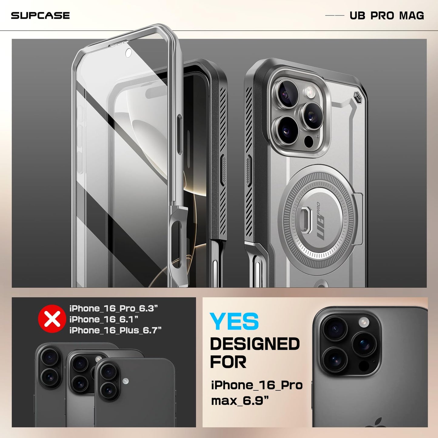 SUPCASE for iPhone 16 Pro Max Case with Stand (UBPro Mag), [Compatible with MagSafe] [Built-in Screen Protector & Belt Clip] [Military-Grade