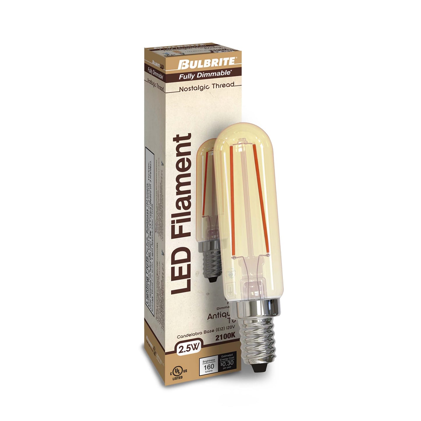 Bulbrite 776904 Amber LED Filament T6 Light Bulb, E12 Candelabra Base, 2100k Amber Light, 2.5 Watts 160 Lumens, High 90 CRI, Fully Dimmable
