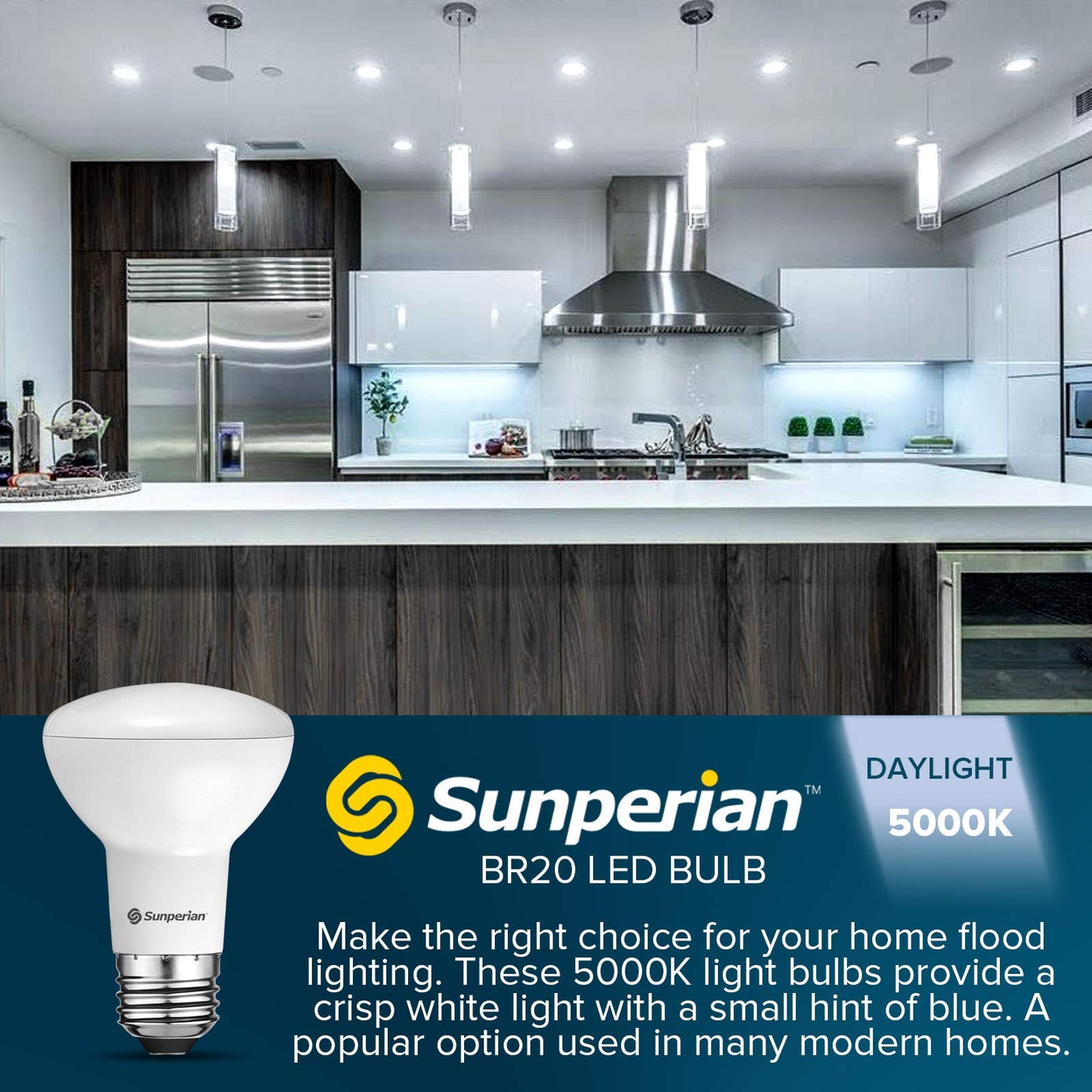 SUNPERIAN BR20 LED Bulb, 6W=50W, 5000K Daylight, 550 Lumens, Dimmable Flood Light Bulbs for Recessed Cans, Enclosed Fixture Rated, Damp Rated, UL