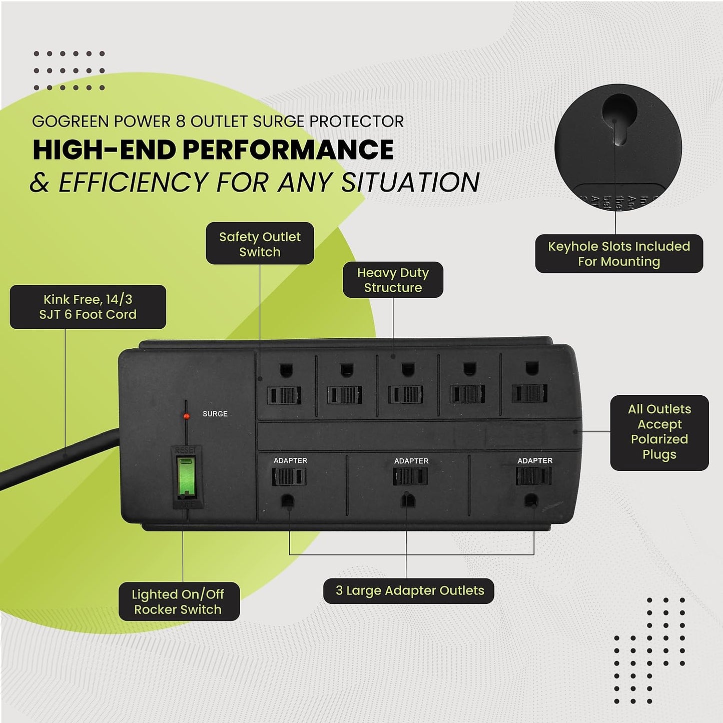 Power by GoGreen 8 Outlet Surge Protector, 6' Cord, Black (GG-18316BK)