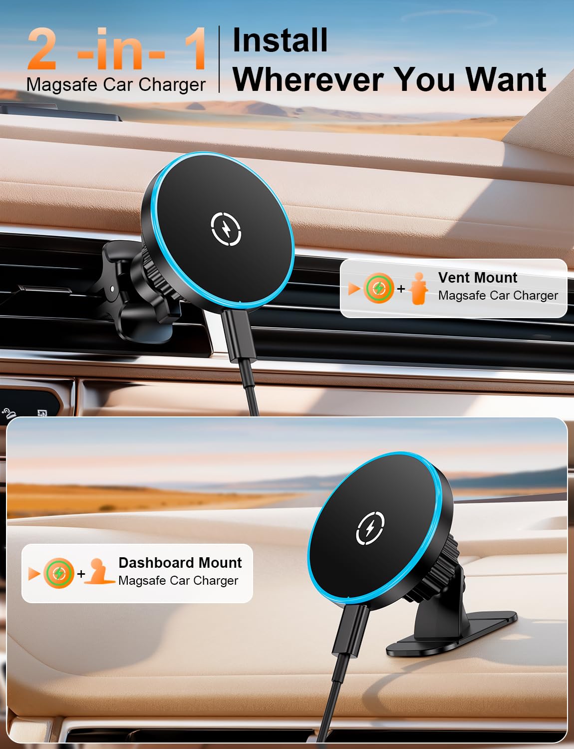 for Magsafe Car Mount Charger, [100% Stable] 15W 2 in1 Magnetic Wireless Car Charger, Vent/Dashboard Phone Holders for Your Car for Women Men Car