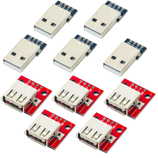 jujinglobal 10pcs USB 2.0 Type A Male and Female Breakout Board 4 pins 2.54mm Output (5pcs Male Port / 5pcs Female Port)