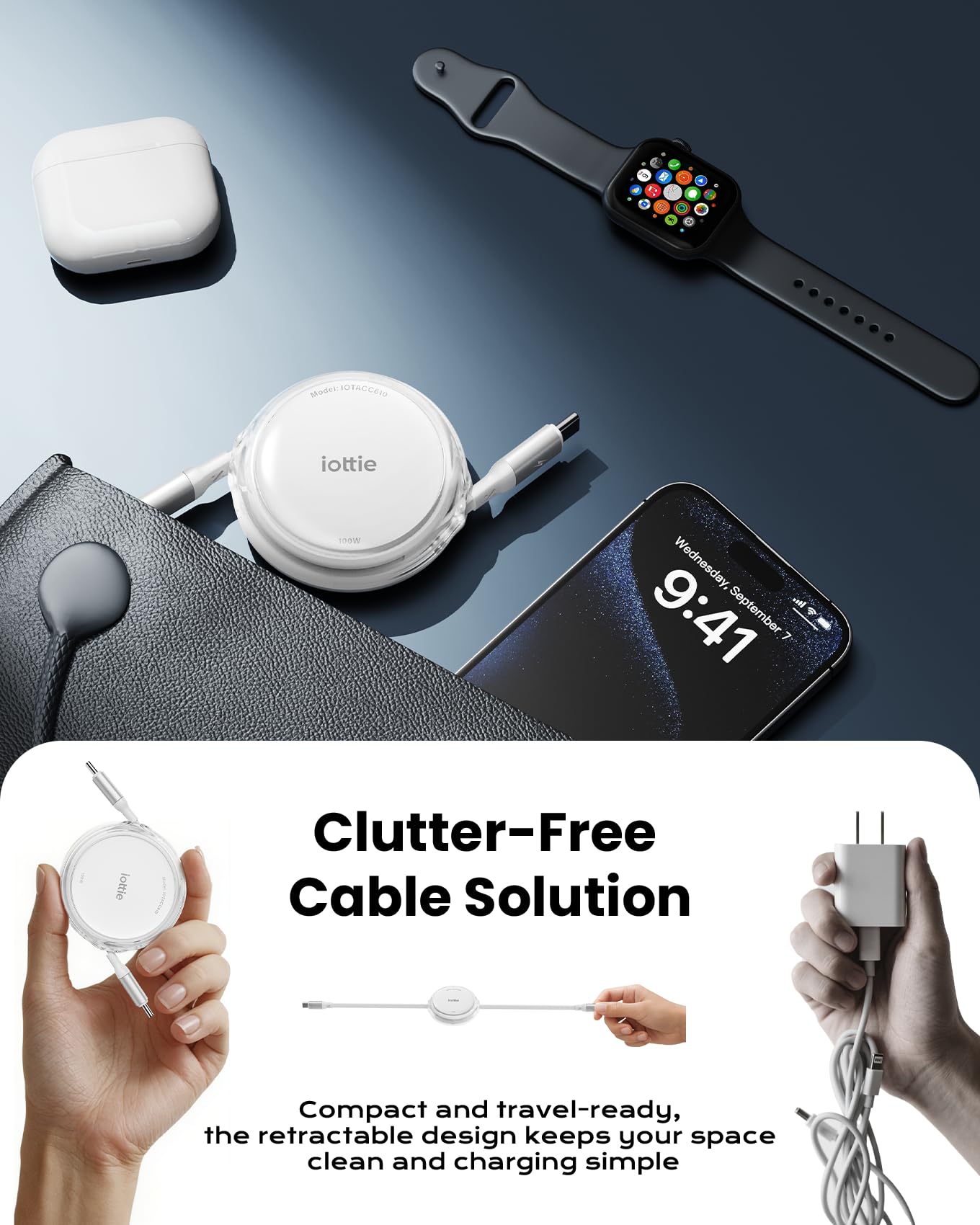 iOttie Basix 100W Retractable USB-C Cable, Fast Charging USB C-to-C Cable with 4 Adjustable Cable Lengths, USB C Cable for iPhone 16, 15 (Pro, Plus