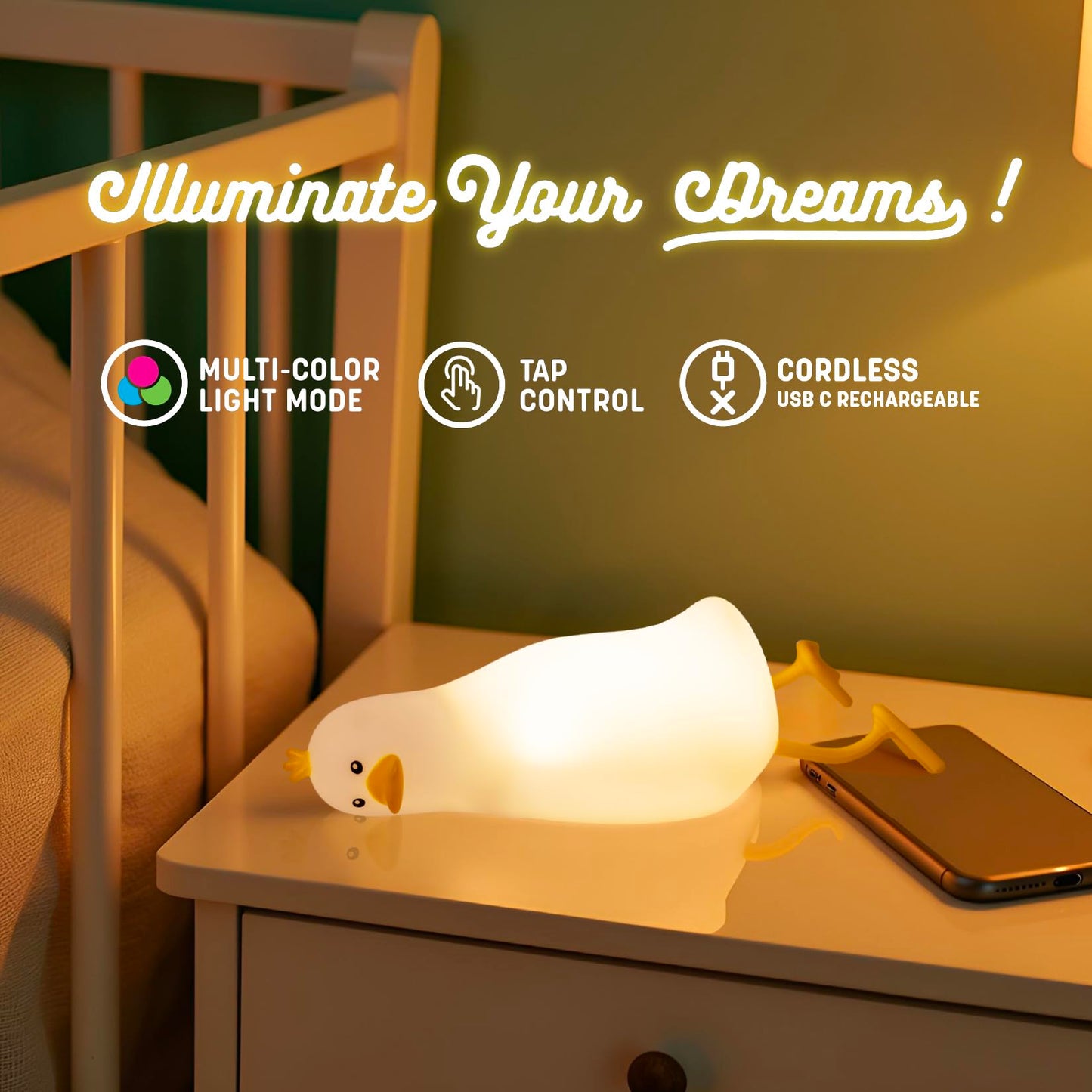 Wonderlit Kawaii Squishy Duck Lamp - Cute Duck Night Light for Kids Room, Color Changing Silicone Touch Lamp, USB Rechargeable Bedside Ambient Light