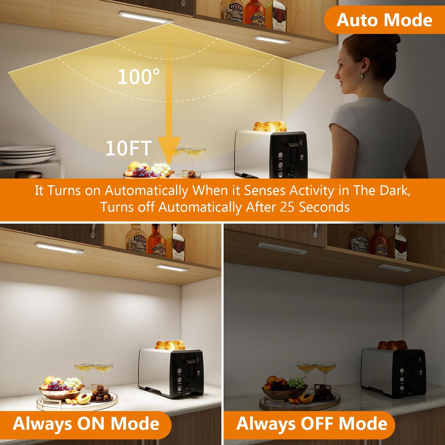 Dawnrise Under Cabinet Lights, 7.8 inch Motion Sensor Closet Light Indoor with Hook, Rechargeable Portable Lighting for Kitchen, Wardrobe, Closet