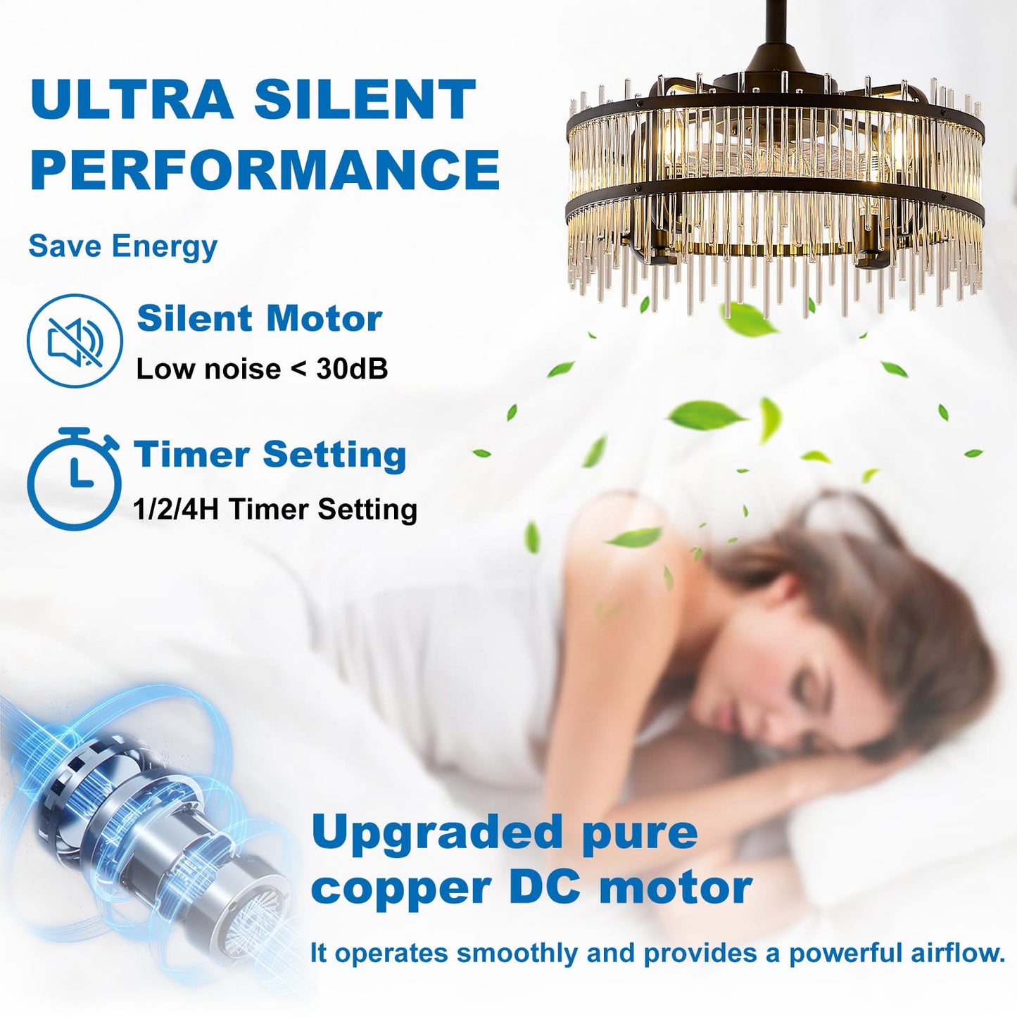 HSMKL Black Crystal Fandelier Ceiling Fan with Light, 19.7 Inch Bladeless Enclosed Fan Chandelier, 6 Speed Quiet DC Motor with Remote/APP Control,