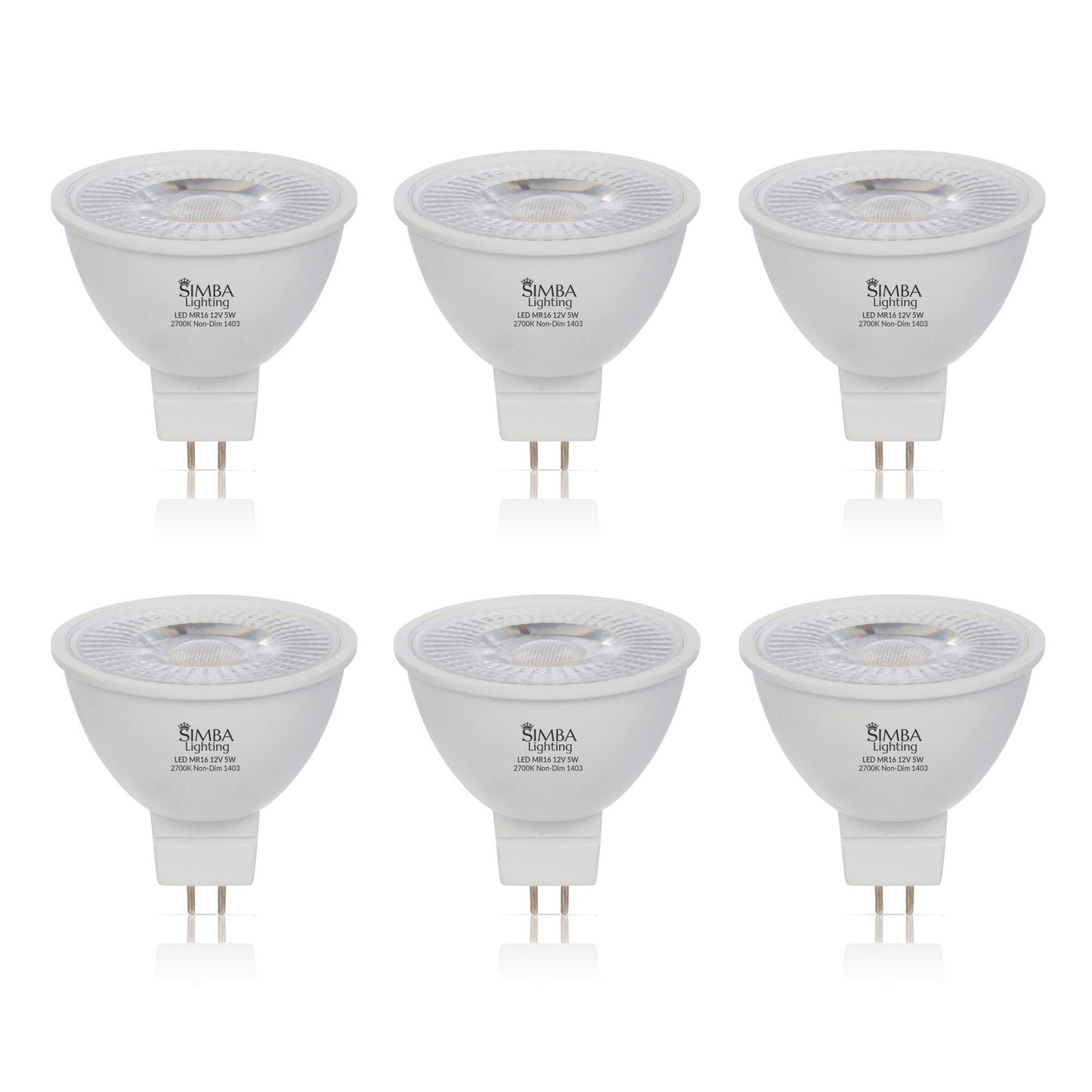 Simba Lighting LED MR16 5W 12V Light Bulb, GU5.3 Bipin Base, 2700K, 6 Pack