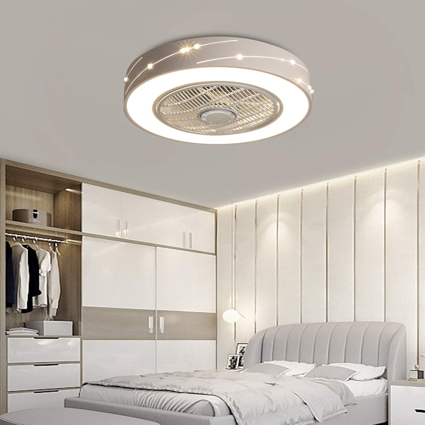 TFCFL 22" Ceiling Fan with Light, Modern Semi Flush Mount Invisible Chandelier Fan with Controller 3 Colors 3 Speed Hidden Blades Low Profile Fan