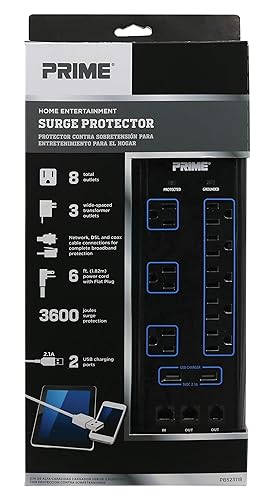Prime Wire & Cable Prime Wire PB523118 8-Outlet Premium Electronics Surge Protector with 14/3 SJT 6 Foot Cord, Black