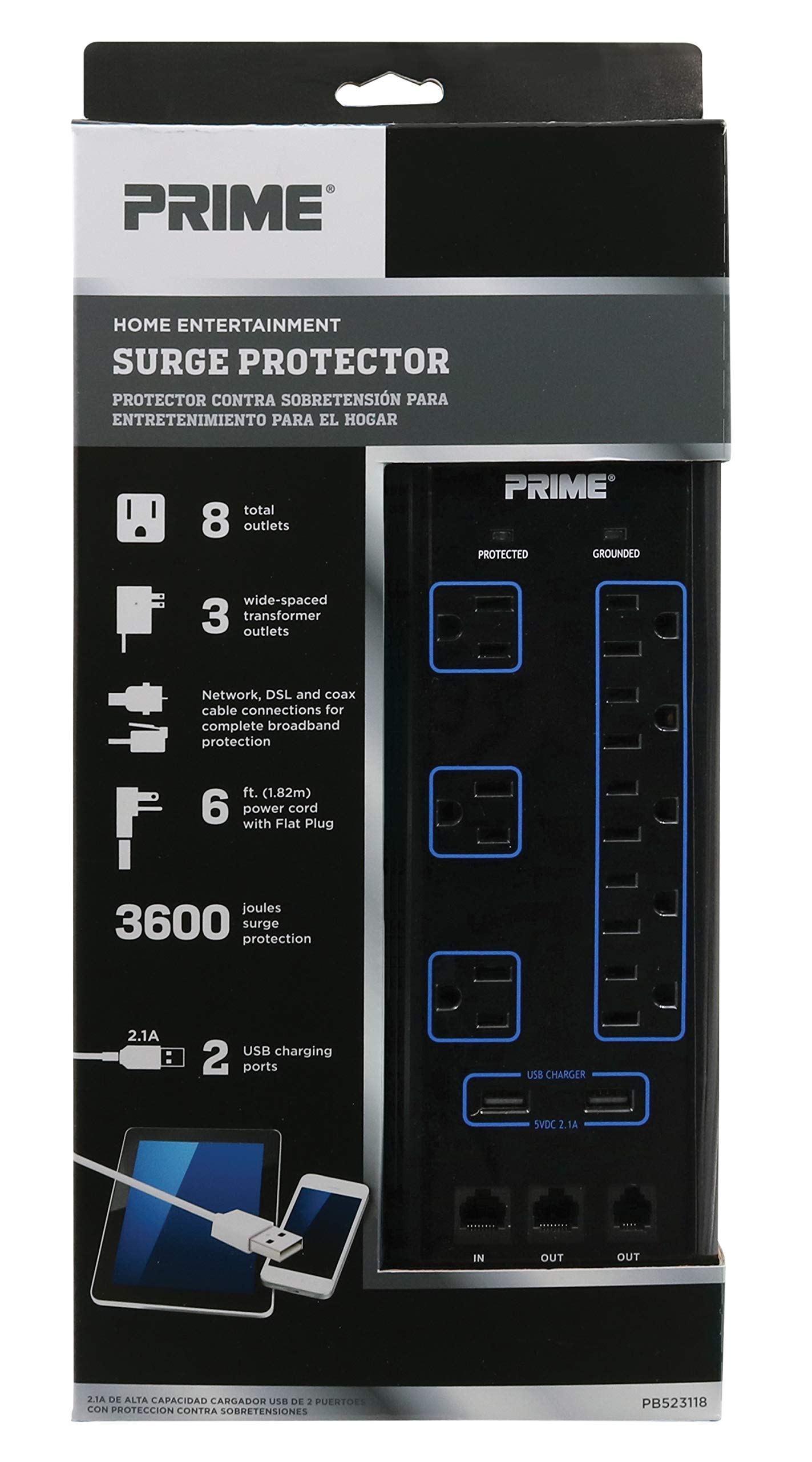 Prime Wire & Cable Prime Wire PB523118 8-Outlet Premium Electronics Surge Protector with 14/3 SJT 6 Foot Cord, Black