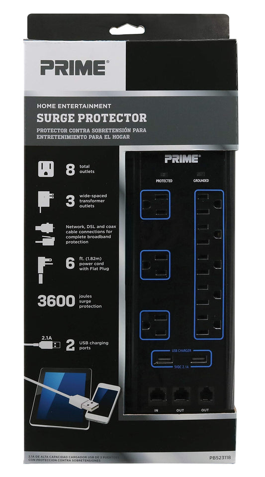 Prime Wire & Cable Prime Wire PB523118 8-Outlet Premium Electronics Surge Protector with 14/3 SJT 6 Foot Cord, Black