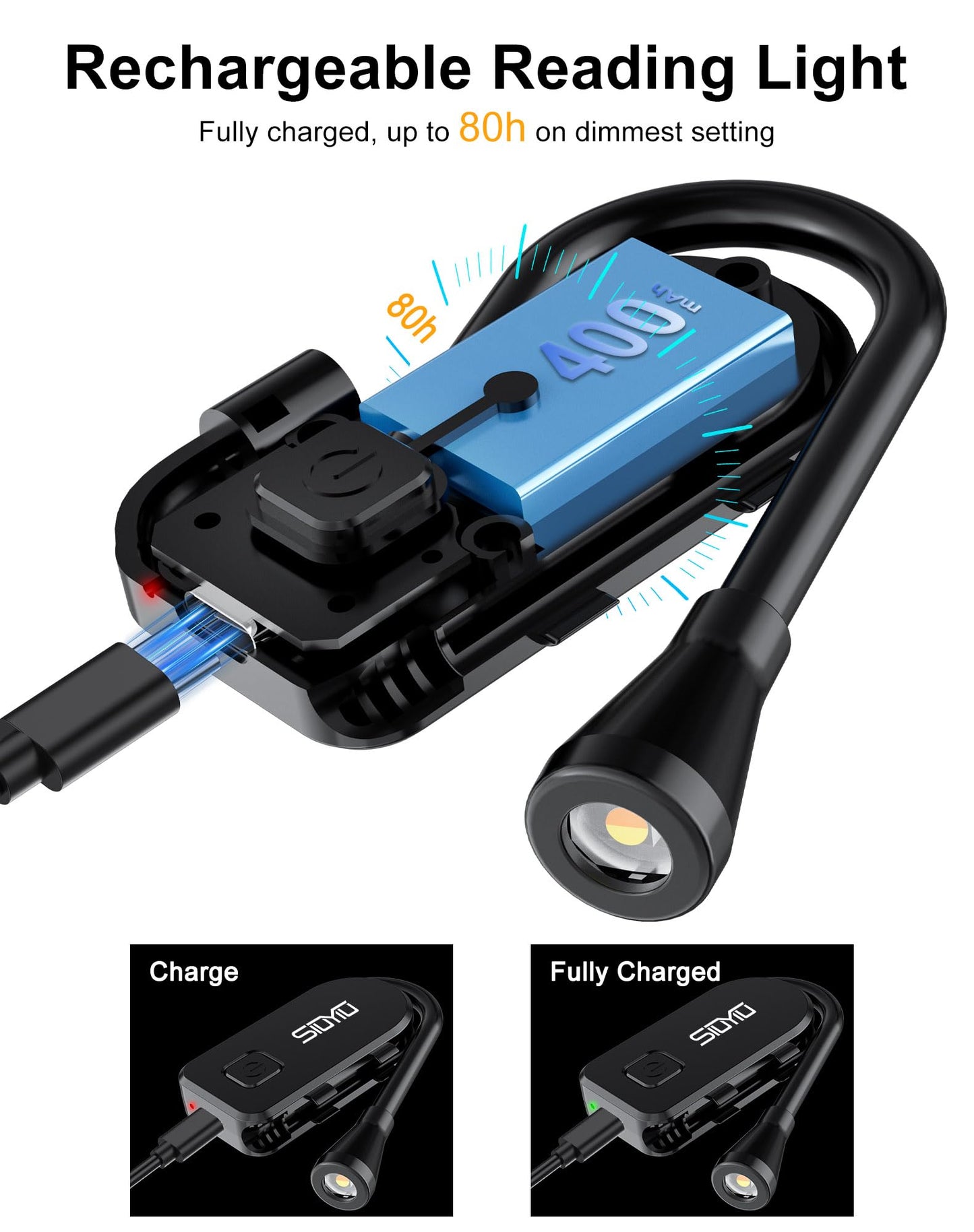 Siuyiu Book Lights for Reading at Night, Rechargeable Clip-On LED Reading Light with 3 Color Temperatures & Stepless Dimming, 80 Hrs Runtime Flexible