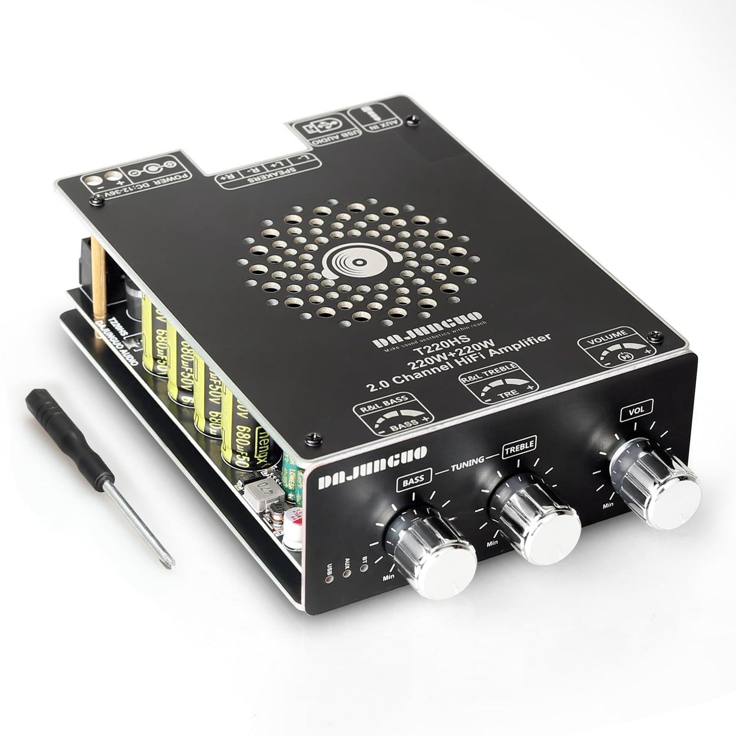 T220HS Power Amplifier Board with Subwoofer 2.0 Channel 220W×2, 12V-36V Audio Power Amplifier Module with Treble and Bass Control