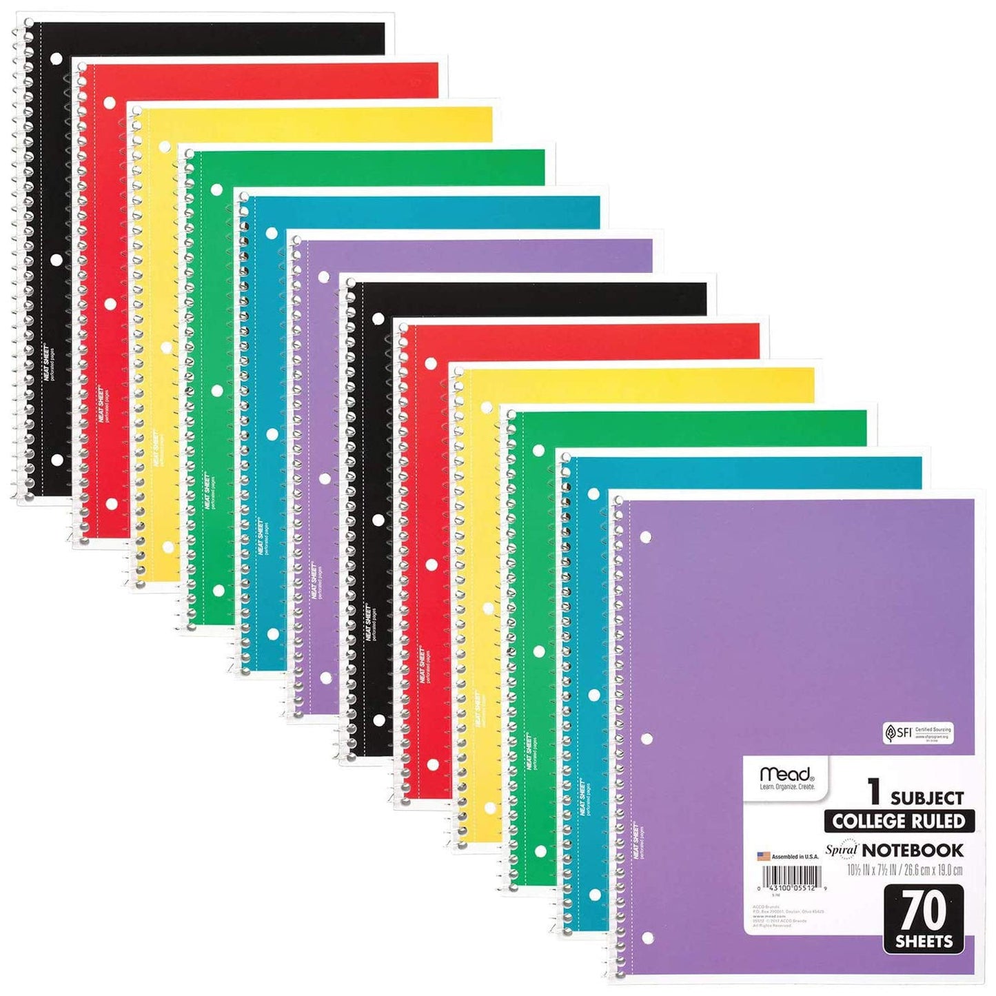 Mead Spiral Notebook, 12 Pack, 1 Subject, College Ruled Paper, 7-1/2" x 10-1/2", 70 Sheets per Notebook, Colors Will Vary (830063-ECM25)