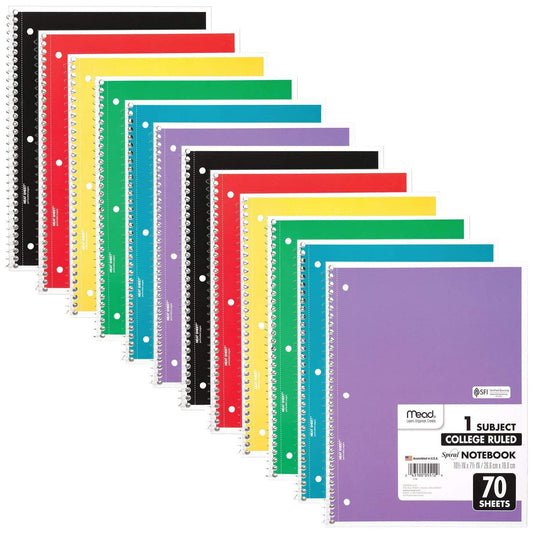 Mead Spiral Notebook, 12 Pack, 1 Subject, College Ruled Paper, 7-1/2" x 10-1/2", 70 Sheets per Notebook, Colors Will Vary (830063-ECM25)