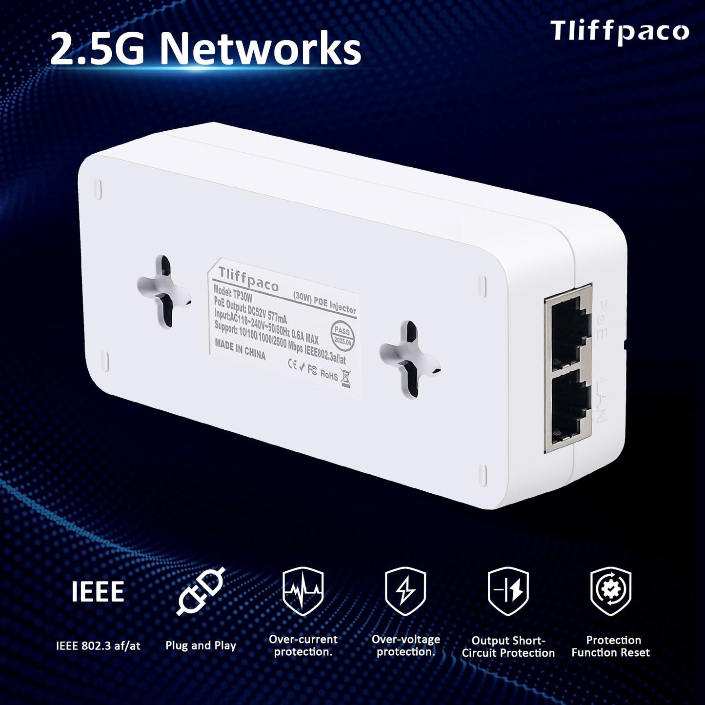Tliffpaco PoE+ Injector 2.5Gb, Converts Non-PoE to PoE, 100/1000/2500Mbps and 802.3at/af Compliant, Plug & Play, Up to 100m(328 ft), 52V 30W PoE