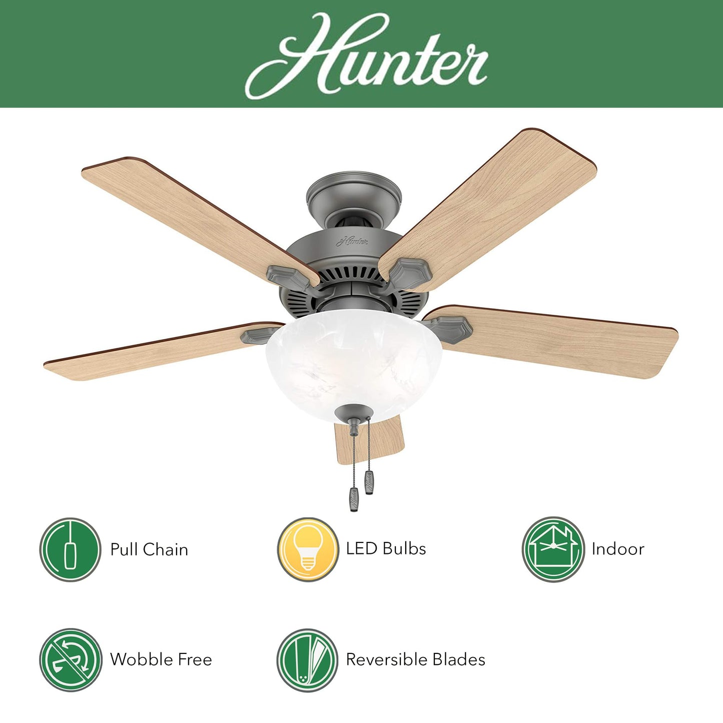 Hunter Fan 44 inch Traditional Matte Silver Indoor Ceiling Fan with Light Kit (Renewed)