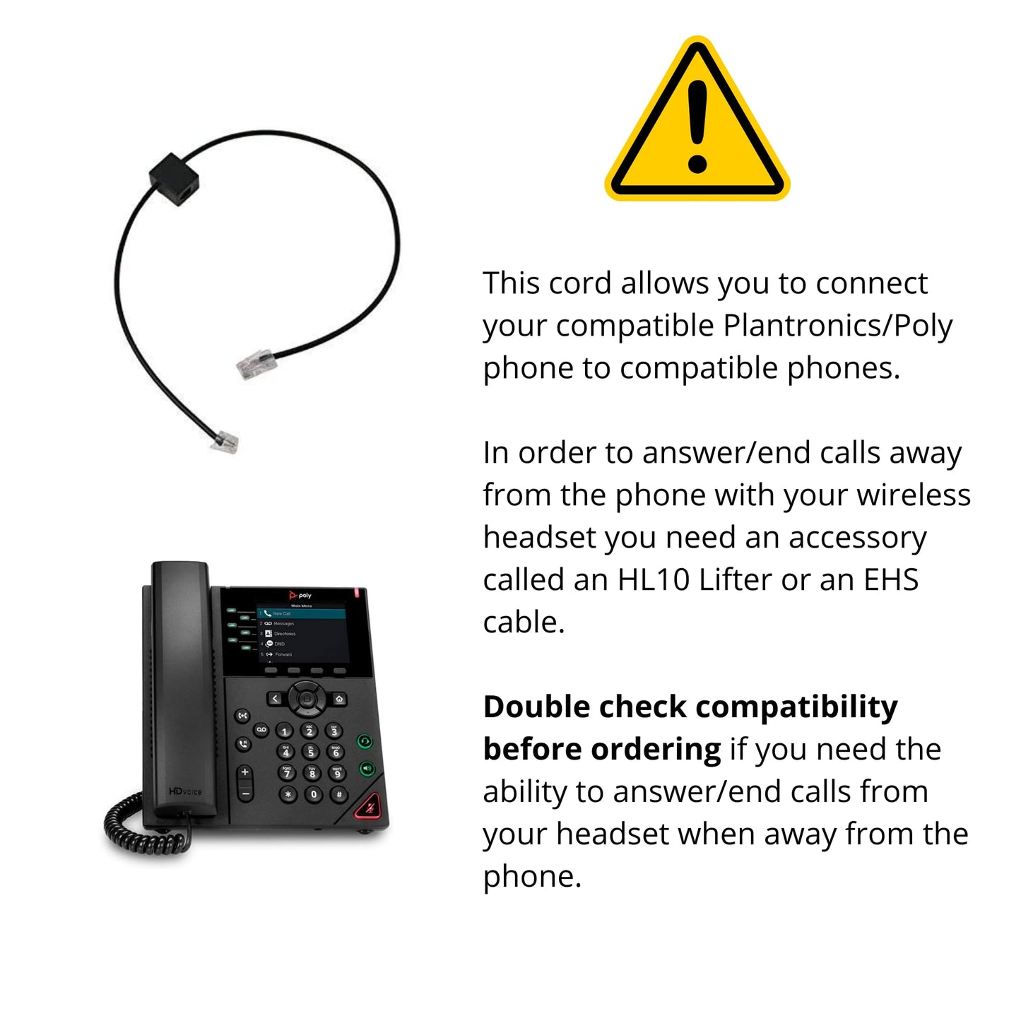 Headset Advisor Compatible Replacement Phone Cord for Plantronics CS500, Savi 700 and Savi 8200 Wireless Headsets (Connects Your Charging Base