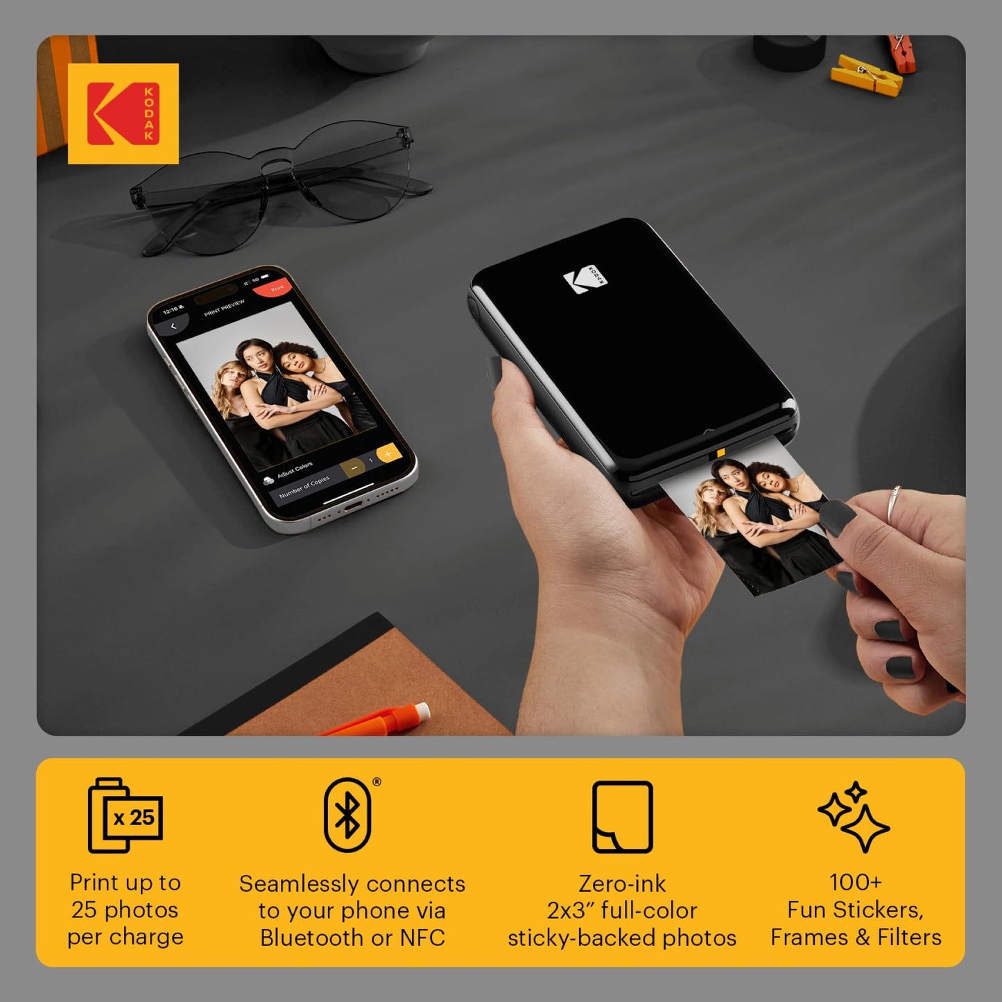 KODAK Step Instant Smartphone Photo Printer, Portable Mini Color Wireless Mobile Printer, Zink 2x3” (5.1x7.5 cm) Sticky-Back Photos, Bluetooth