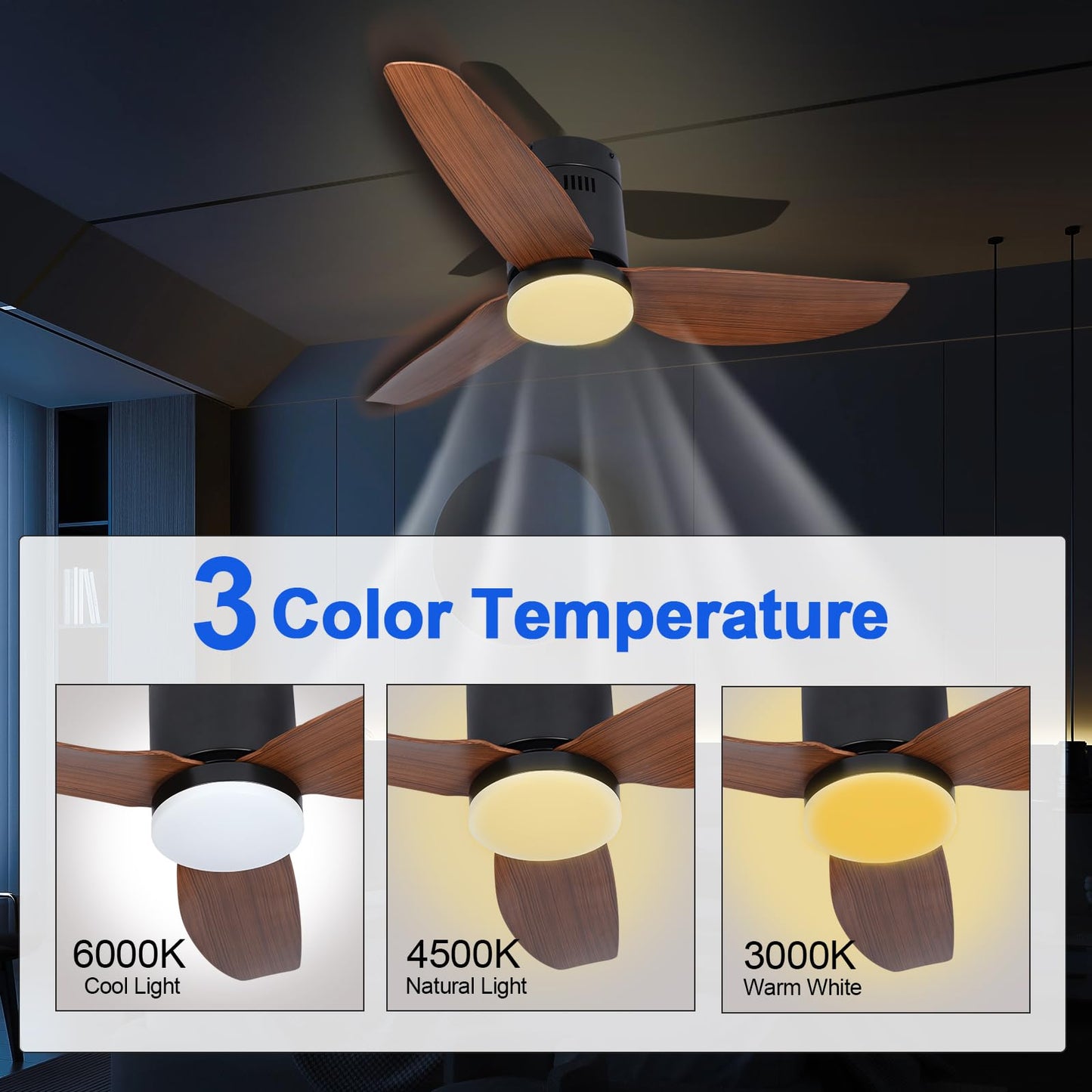 Xcity Ceiling Fan with Lights and Remote, Low Profile Ceiling Fan with 3 Color Lighting Modes, Quiet Flush Mount Ceiling Fan for Bedroom, Living Room