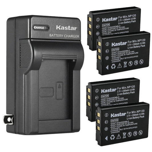 Kastar 4-Pack Battery and AC Wall Charger Replacement for Minolta NP-120 Battery, Minolta MN80NV, MN88NV, MN90NV, MN200NV, MN220NV 1080p Full HD