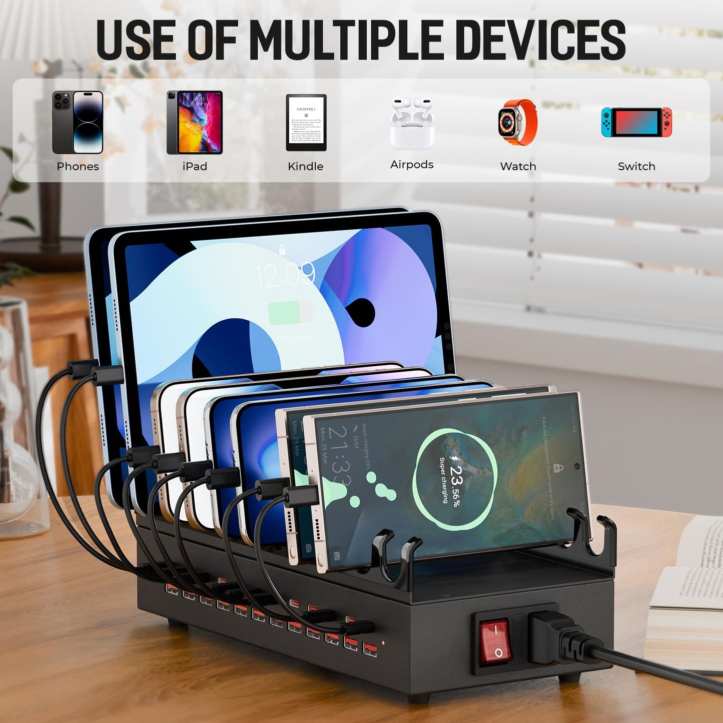 300W USB Charging Station, 24 Port Fast Charging Station for Multiple Devices, PD USB C Charger Block, Smart Power Delivery & Multi Protection