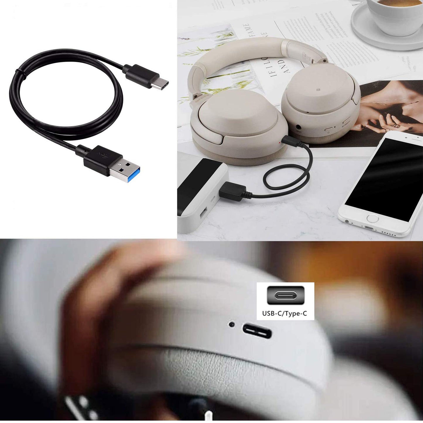 USB-C Charger Charging Cable Cord for Sony WH 1000XM6 1000XM5 1000XM4 XM3 XB900N CH720N CH520, WF XM3 1000XM4 1000XM5 C500 C510 C700N C710N, WI