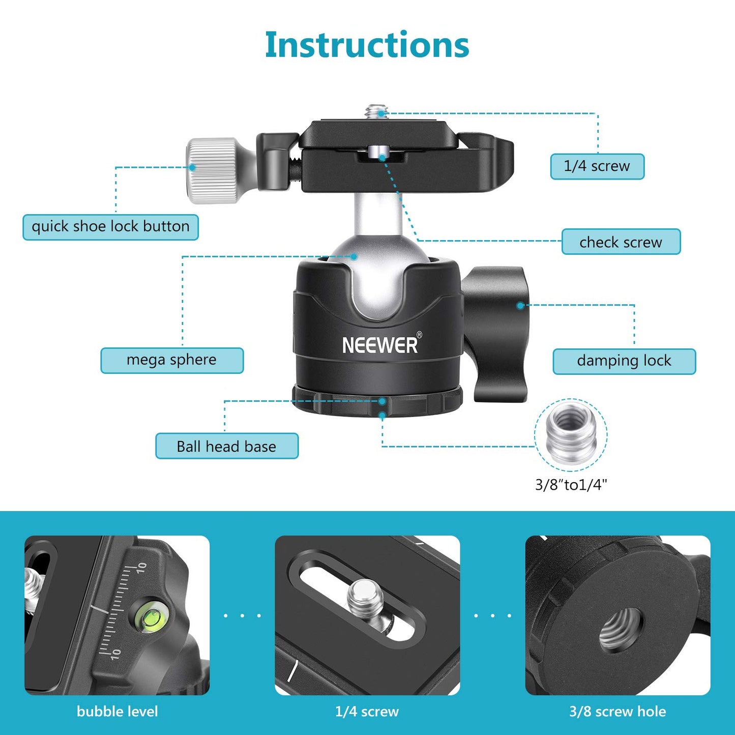 NEEWER 28mm Low Profile Tripod Ball Joint 360° Pan Rotation with 1/4" Arca Type Quick Release Plate and Spirit Level for Tripods, Monopods, Max Load