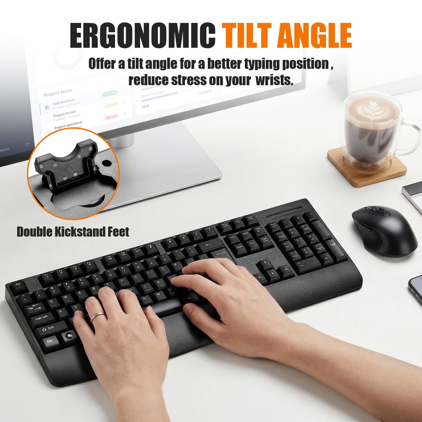 Wireless Computer Keyboard And Mouse Combo with Palm Rest, Large Number Pad, LED Indicators?2.4Ghz Ergonomic, Foldable Stands,Anti-Wear Letters Full