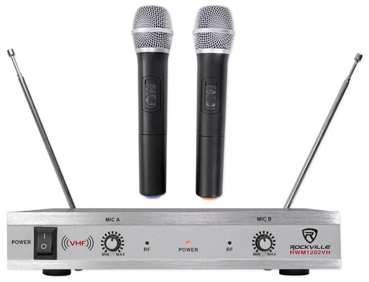 Rockville RWM1202VH VHF Wireless (2) Handheld Microphone System, Metal Receiver, Dual Filter, Ultra Signal Stability, Low Power Consumption, Perfect