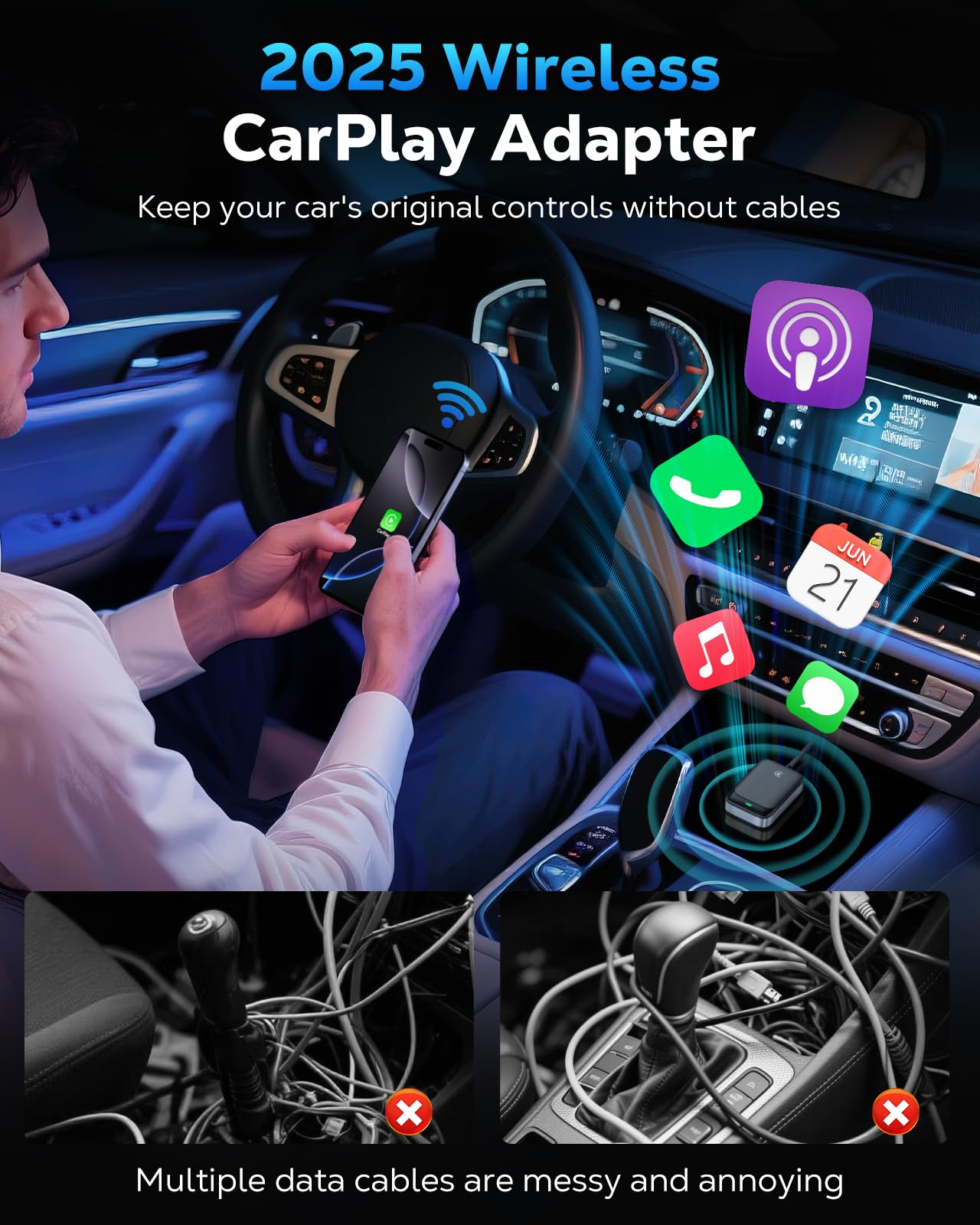 MoKo Wireless CarPlay Adapter for iPhone 2025, Only for iPhone iOS 10+ and Cars with Built-in Car Play, Converts Wired Car Play to Wireless