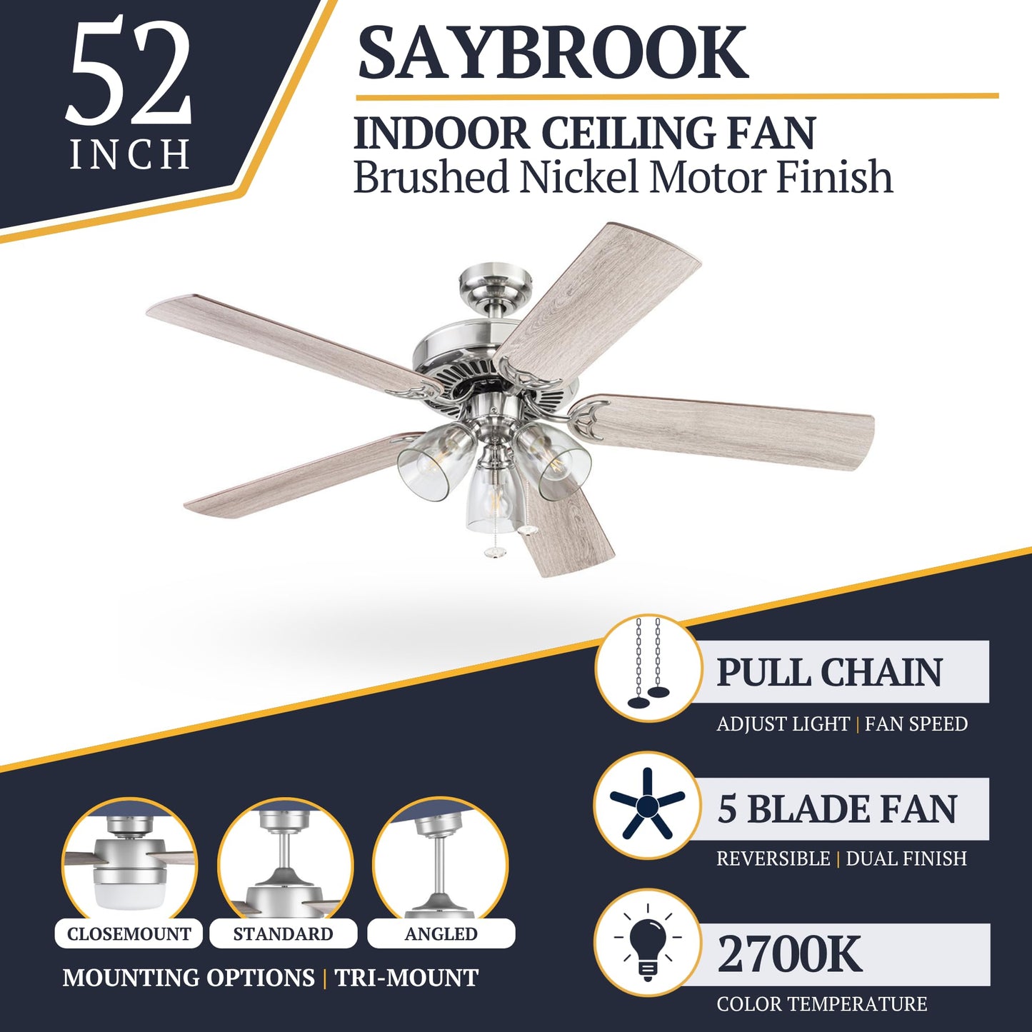 Prominence Home Saybrook Modern Farmhouse 52 Inch Ceiling Fan with Light, LED Ceiling Fan, Tri-Mount Indoor Fan with 5 Blades, Gray Oak and Brown