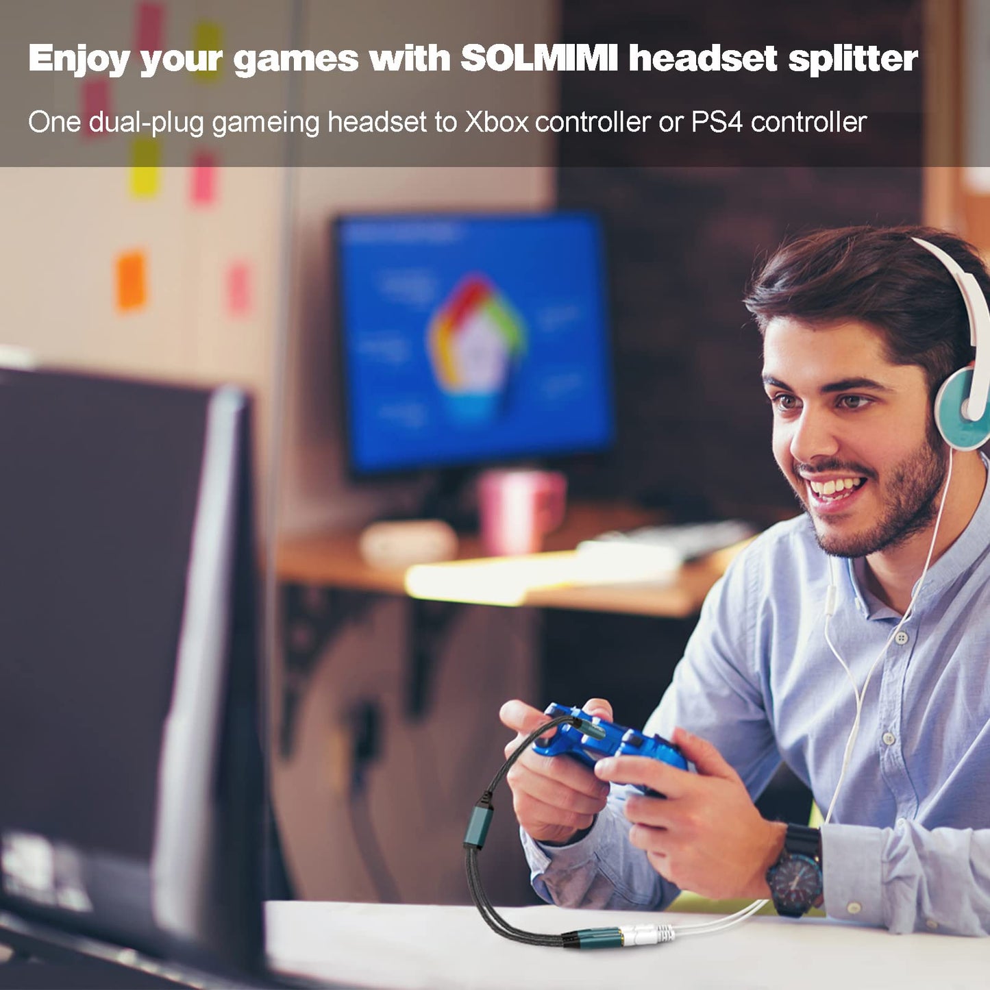 SOLMIMI Headset Adapter, 3.5mm Headphone Mic Splitter CTIA TRRS Male to Dual TRS Female Y Audio Microphone Splitter Cable for Gaming Headset to PC