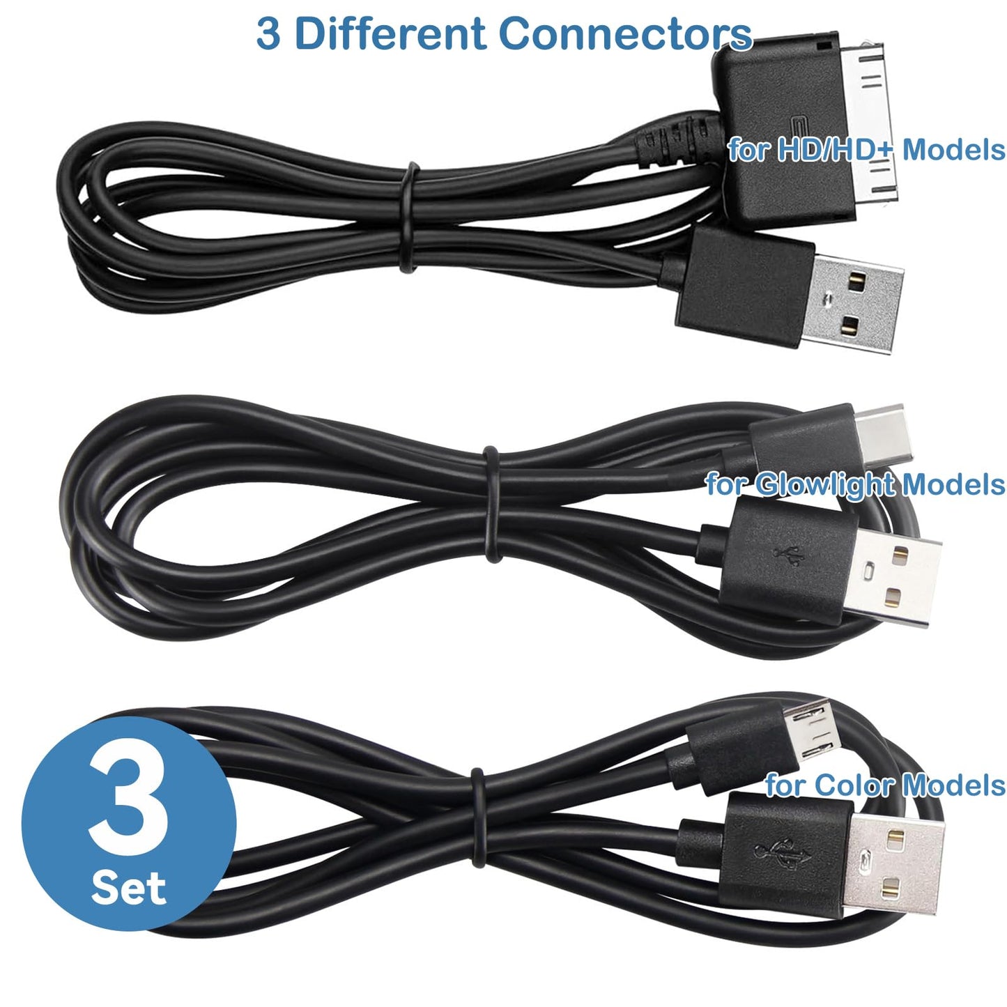 Smays 3-in-1 Replacement Charger Cable Kit for All Barnes & Noble Nook Tablets (HD, HD+, Color, Glowlight) - 3ft USB 2.0 Charging & Data Sync Cables