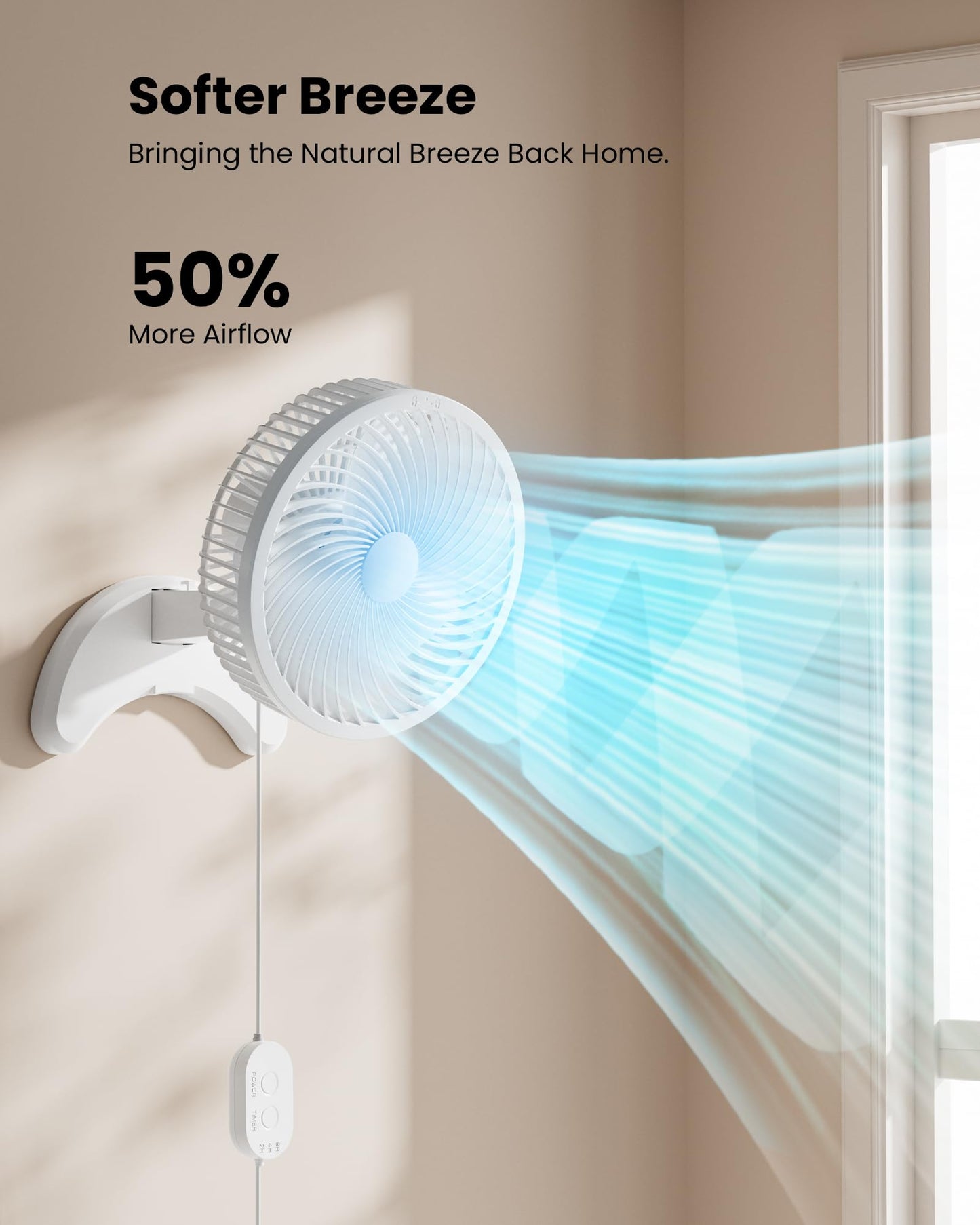 Koonie 8'' Wall Mount Fan, Quiet Small Fan with Timer, 8.2ft Wired Remote