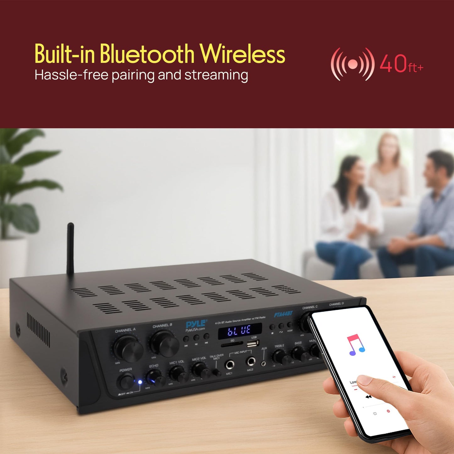 Pyle 4-Channel Audio Amplifier with Bluetooth - Home Stereo Receiver w/ 500W Max Power - Commercial or Karaoke - Dual Mic Input with Echo, Vol