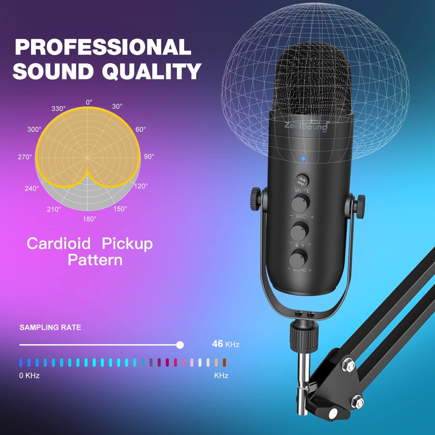 ZealSound Gaming Microphone for PC, USB Podcast Microphone with Noise Reduction, Mute & Gain Control, Zero-Latency Monitoring, Echo Control, Boom Arm