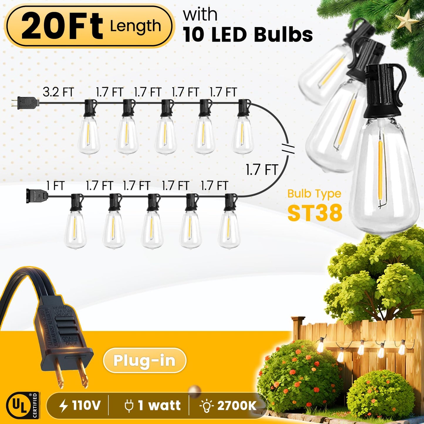 SEVSONSNZZ Outdoor String Lights 20FT - LED Waterproof Patio Lights Shatterproof ST38 Edison Bulbs, Connectable Hanging Vintage Lights for Outside