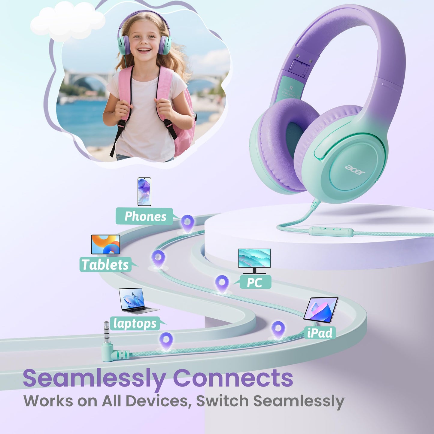 Acer Kids Headphones for School, 85-94dB Limiter, 3.5mm Jack, w/Mic HK03
