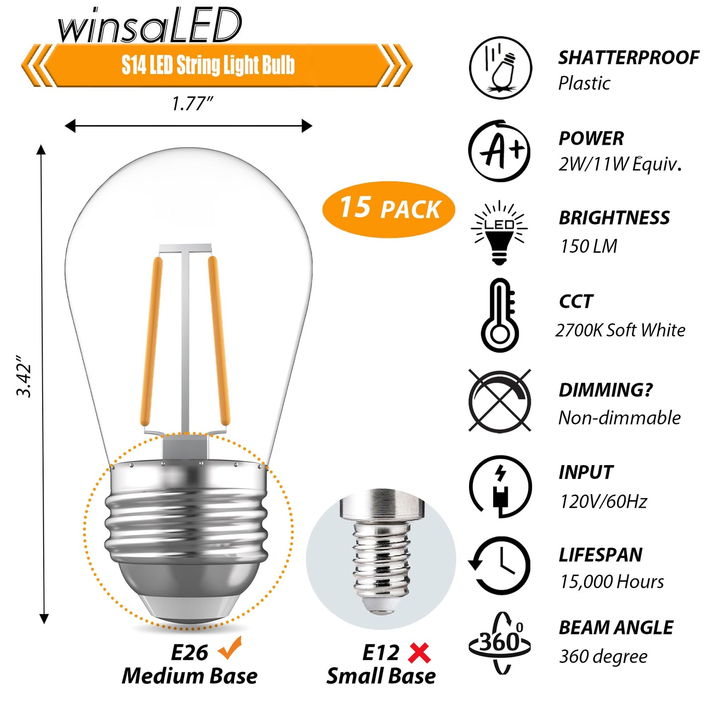 winsaLED 15 Pack 2W S14 Replacement Bulb for String Light, 2700K Soft White