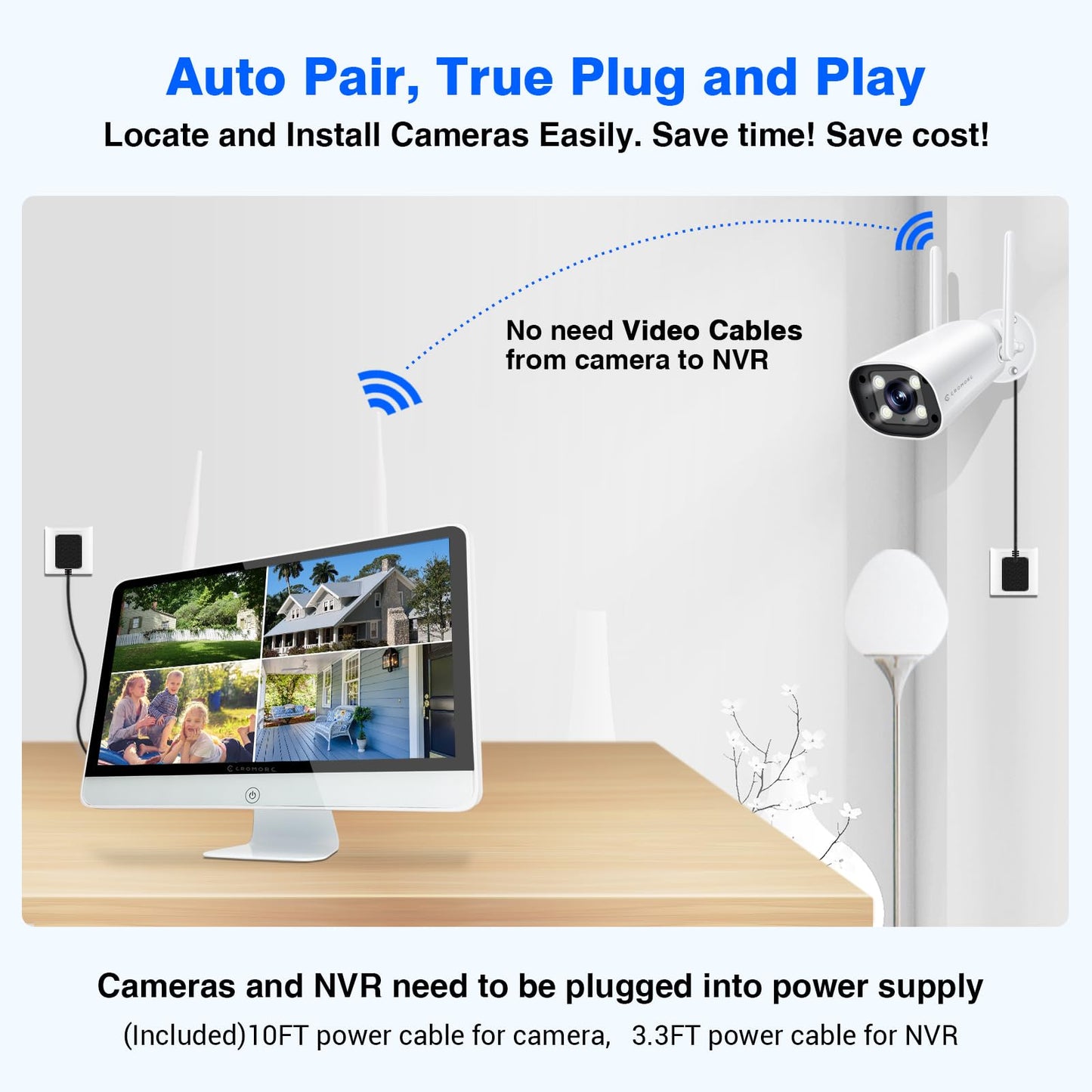 Cromorc Wireless Security Camera System with 16" Monitor Motion Detection Night Vision 2-Way Audio 4 Indoor Outdoor 5MP Camera Expandable 16CH NVR
