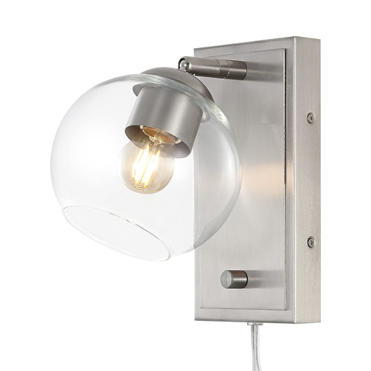 JONATHAN Y 6" Nickel 1-Light with Clear Globe Modern Wall Sconce, Plug-in or Hardwired LED Adjustable Wall Light with Dimmer Switch, Clear Glass Globe